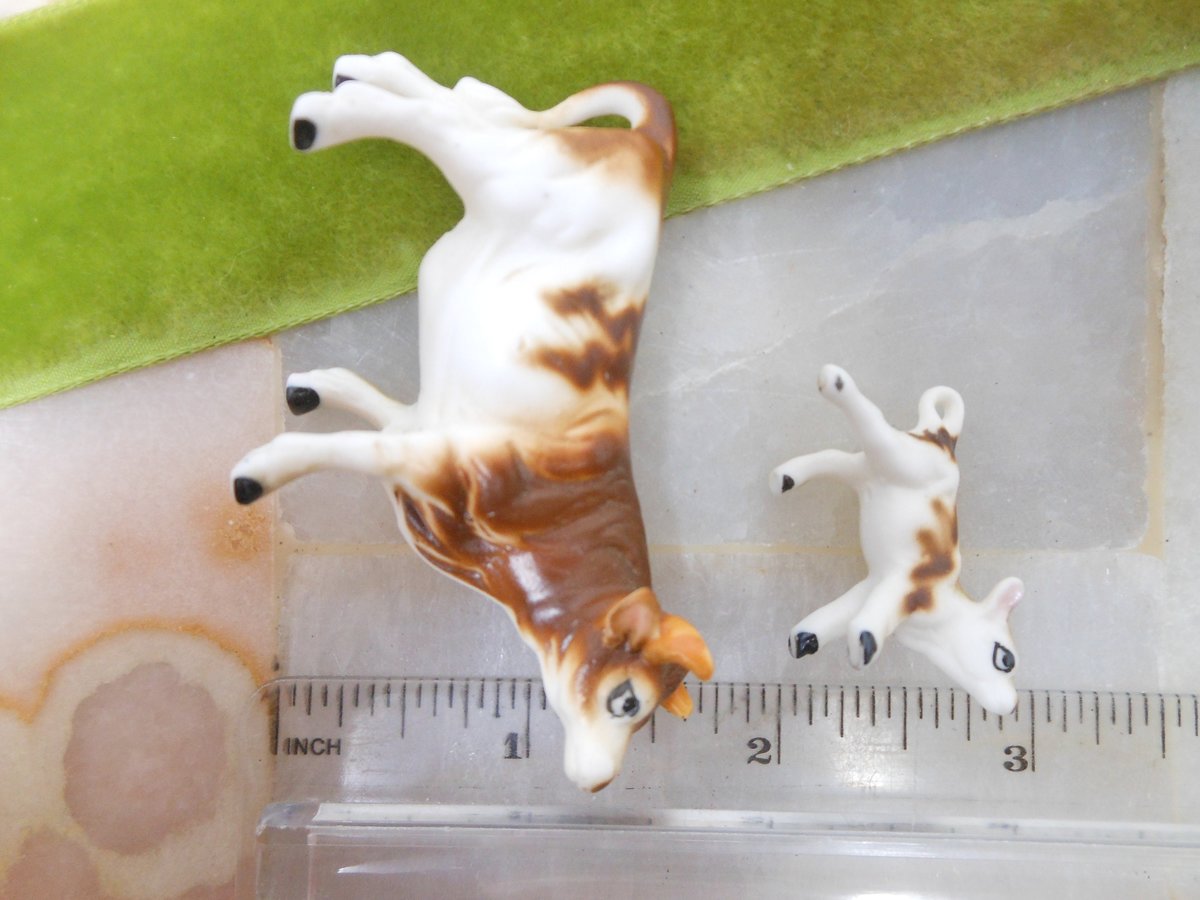 Vintage Cow Mom and Baby Set Miniature Bone China Porcelain Figurine Japan Farmhouse Clutter Mid Century Gift, VivianJoel.com