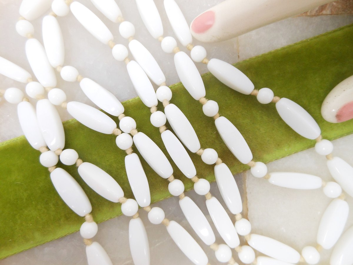 Vintage White Milk Glass Necklace Bead Knotted Spacers Long 48" Flapper Opera Mid Century Jewelry Gift, VivianJoel.com