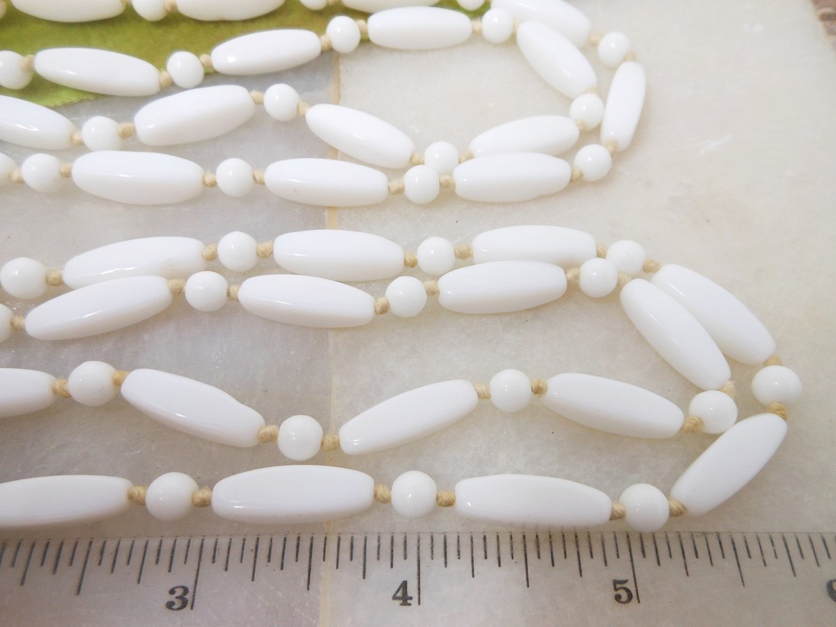 Vintage White Milk Glass Necklace Bead Knotted Spacers Long 48" Flapper Opera Mid Century Jewelry Gift, VivianJoel.com