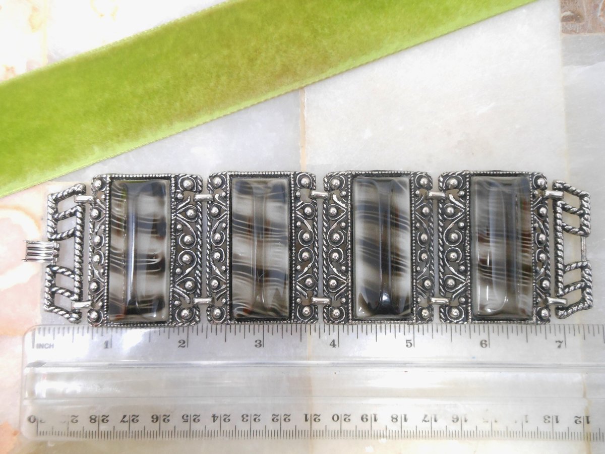 Vintage Chunky Wide Bracelet Ornate Marbelized Black Gray Plastic Lucite Cuff Statement Mid Century Jewelry Gift, VivianJoel.com