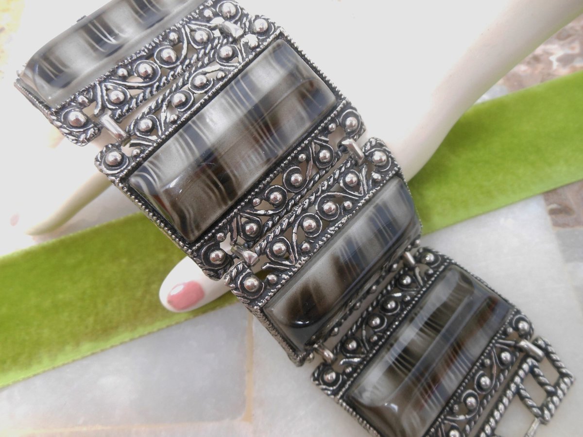 Vintage Chunky Wide Bracelet Ornate Marbelized Black Gray Plastic Lucite Cuff Statement Mid Century Jewelry Gift, VivianJoel.com