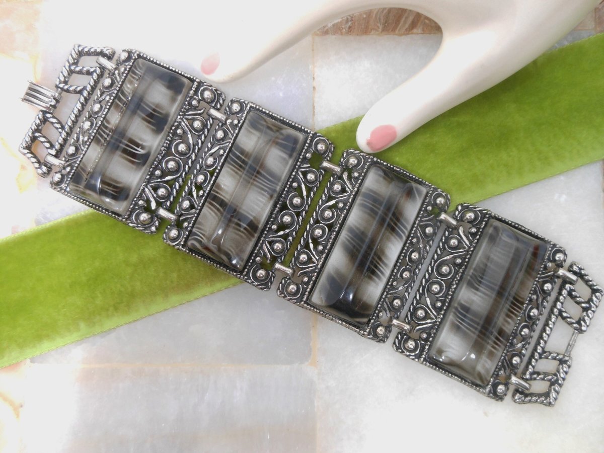 Vintage Chunky Wide Bracelet Ornate Marbelized Black Gray Plastic Lucite Cuff Statement Mid Century Jewelry Gift, VivianJoel.com