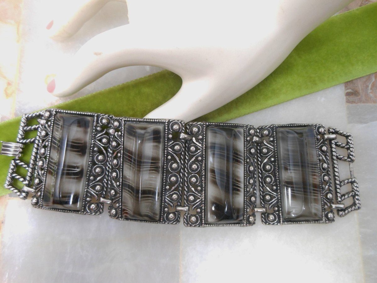 Vintage Chunky Wide Bracelet Ornate Marbelized Black Gray Plastic Lucite Cuff Statement Mid Century Jewelry Gift, VivianJoel.com