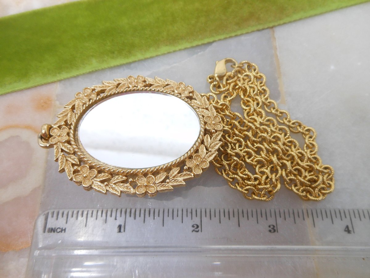 Vintage AVON Rose Flower Mirror Pendant Necklace Ornate Pale Pink Victorian Revival Jewelry Gift Mid Century, VivianJoel.com