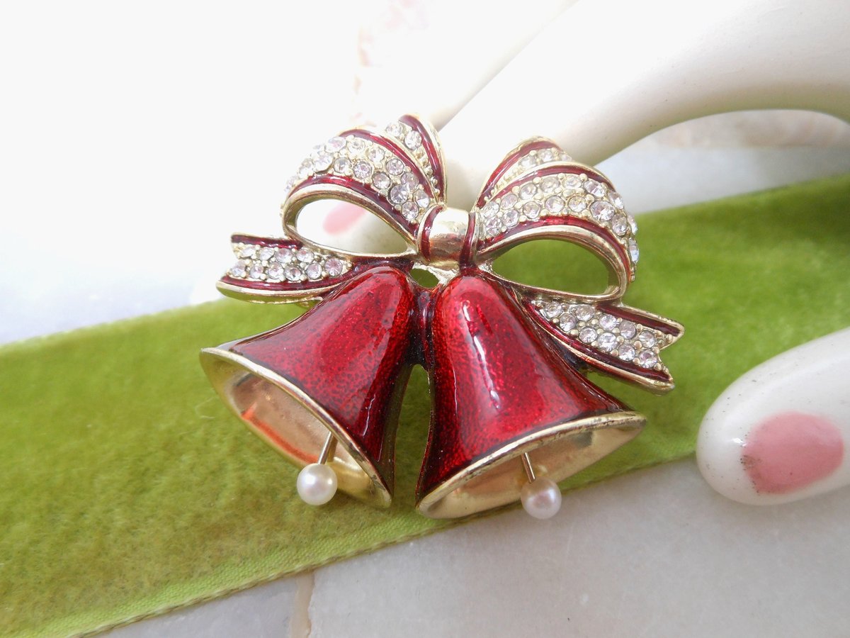 Vintage Christmas Holiday Brooch Enamel Bell Ice Rhinestone Danngle Pearl Bead Jewelry Gift Mid Century,  VivianJoel.com