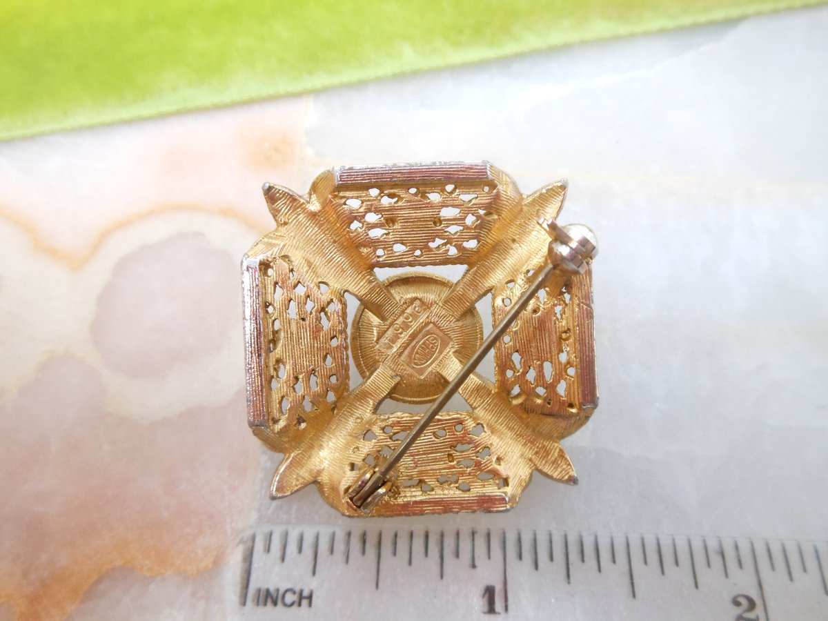 Vintage SPHINX Maltese Cross Brooch Blue Art Glass Pin Faux Pearl Orante Regency Revival Mid Century Jewelry Gift, VivianJoel.com