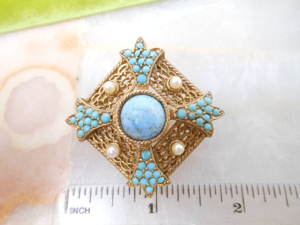 Vintage SPHINX Maltese Cross Brooch Blue Art Glass Pin Faux Pearl Orante Regency Revival Mid Century Jewelry Gift, VivianJoel.com