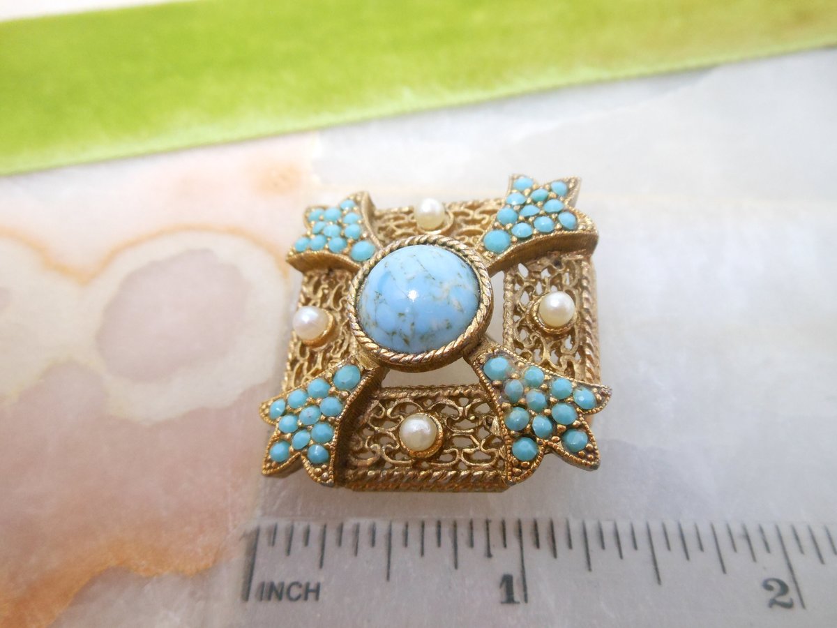 Vintage SPHINX Maltese Cross Brooch Blue Art Glass Pin Faux Pearl Orante Regency Revival Mid Century Jewelry Gift, VivianJoel.com