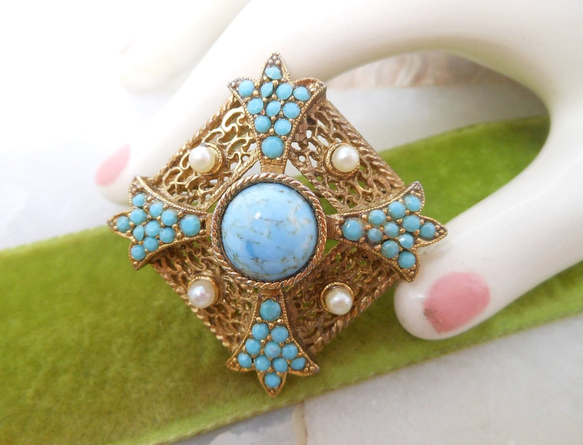 Vintage SPHINX Maltese Cross Brooch Blue Art Glass Pin Faux Pearl Orante Regency Revival Mid Century Jewelry Gift, VivianJoel.com