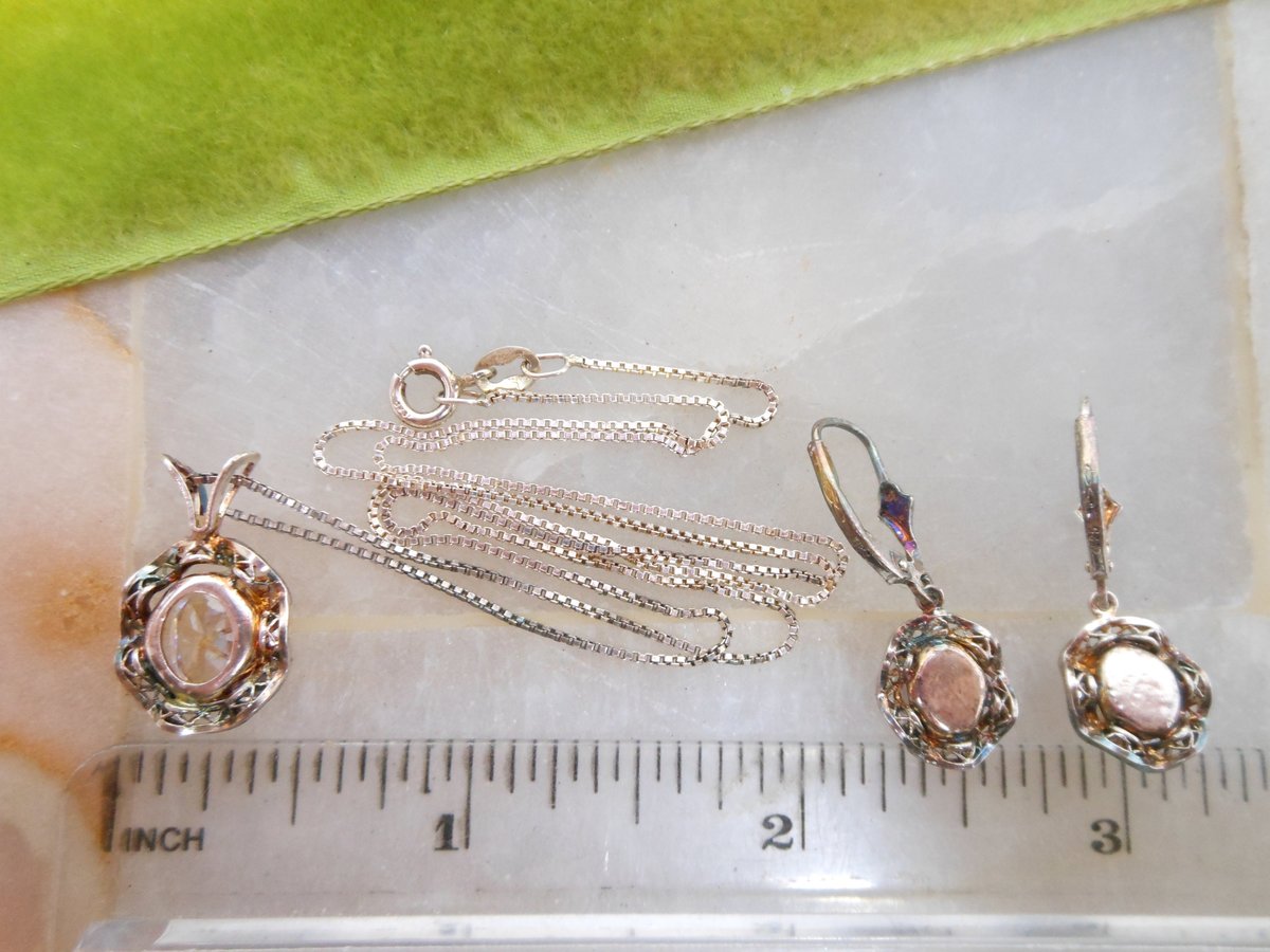 Vintage STERLING SILVER CZ Pendant Necklace Dangle Drop Earrings Set Ornate Filigree Crystal 925 Jewelry Boxed Gift, VivianJoel.com