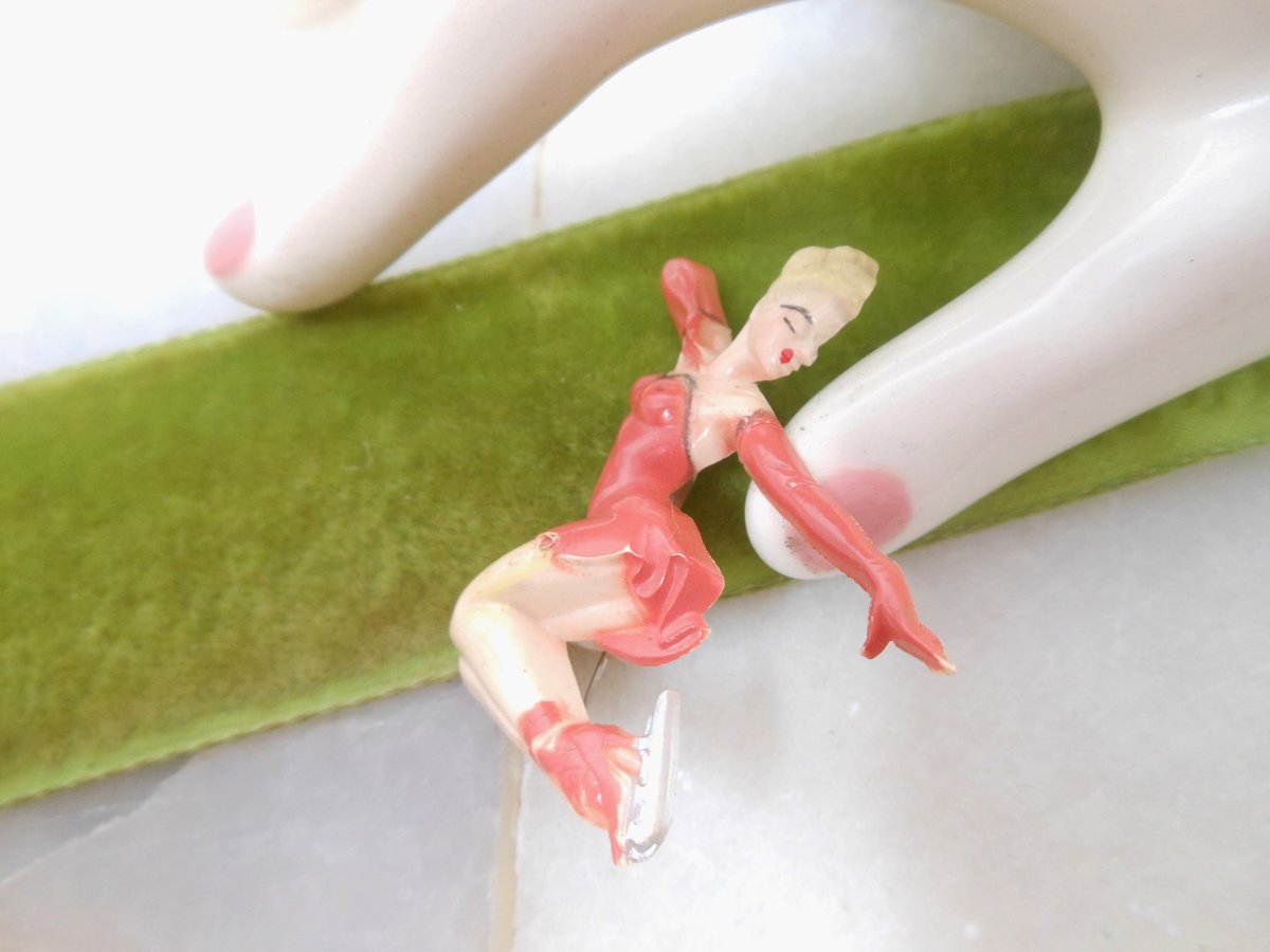 Vintage Celluloid Brooch Ice Skater Dancer Plastic Pin Figural Mid Century Jewelry Gift *As Is*, VivianJoel.com