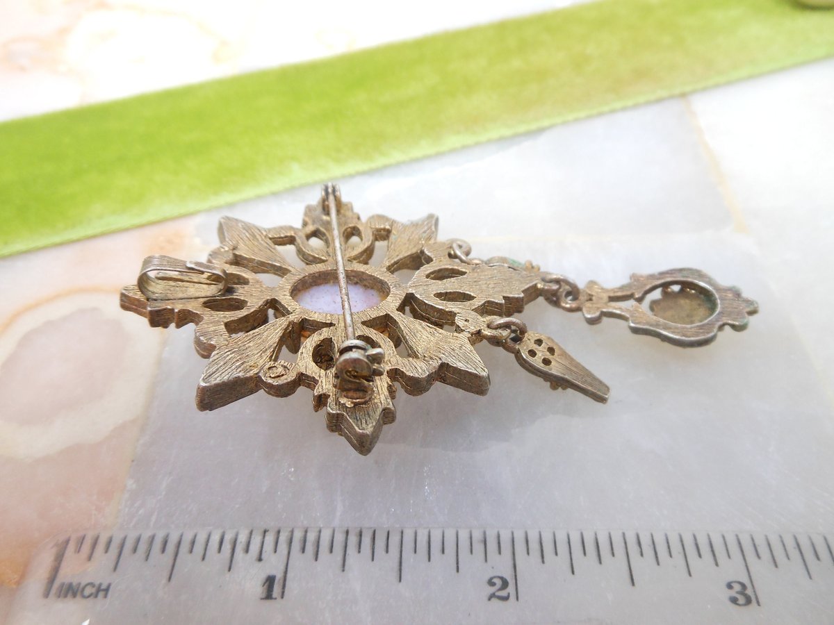 Vintage Opal Art Glass Brooch Dangle Regency Victorian Revival Maltese Cross Medallion Shield Mid Century Jewelry Gift, VivianJoel.com