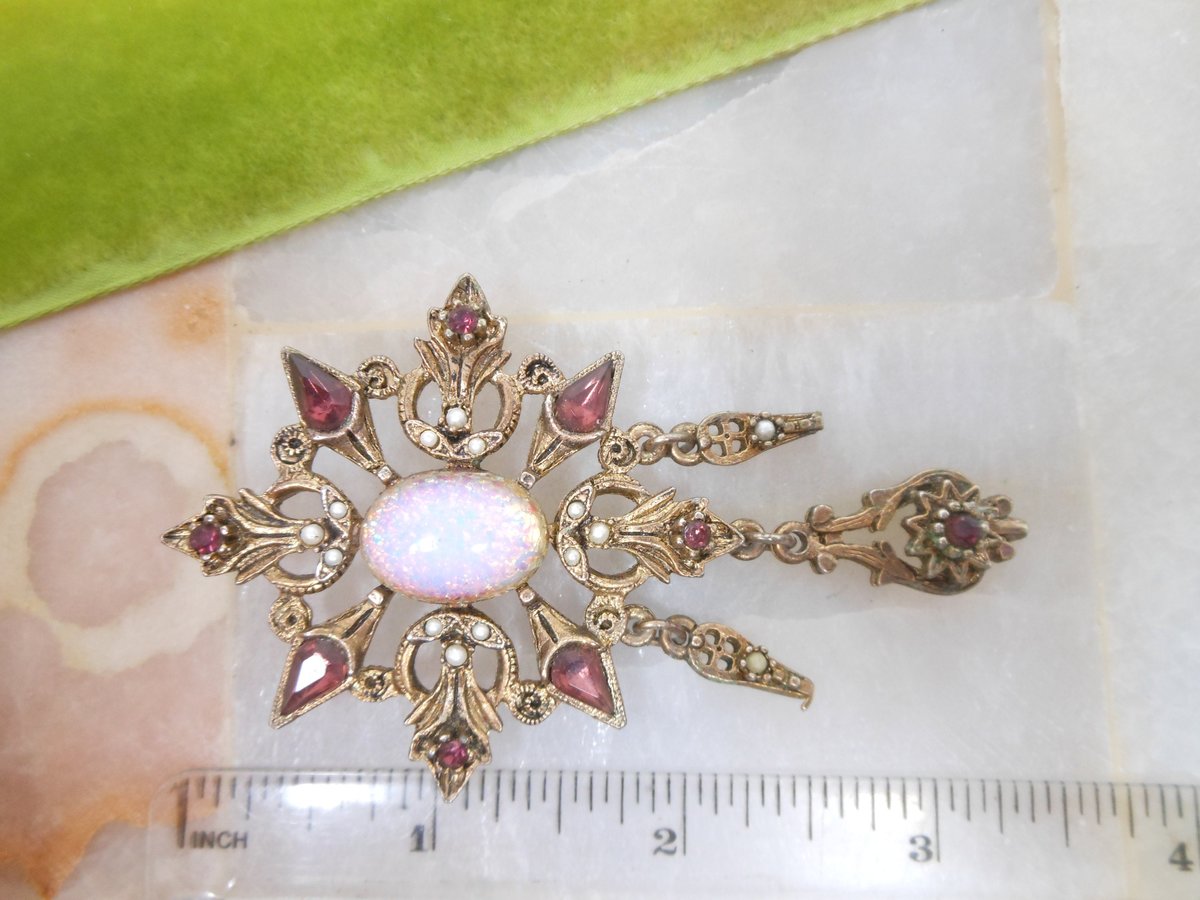 Vintage Opal Art Glass Brooch Dangle Regency Victorian Revival Maltese Cross Medallion Shield Mid Century Jewelry Gift, VivianJoel.com