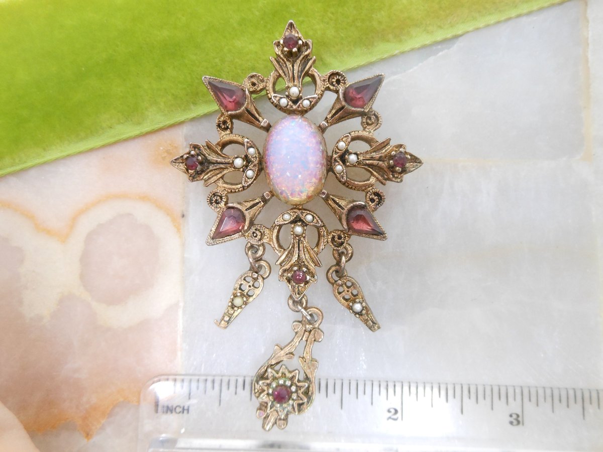 Vintage Opal Art Glass Brooch Dangle Regency Victorian Revival Maltese Cross Medallion Shield Mid Century Jewelry Gift, VivianJoel.com