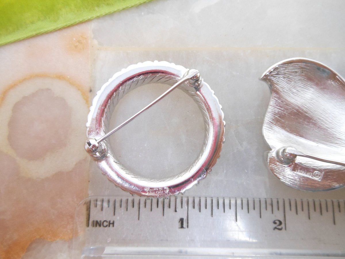 Vintage LOT 2 Crown TRIFARI Bow Pin Pearl Brooch Wreath Circle Classic Silvertone Designer Mid Century Jewelry Gift, VivianJoel.com