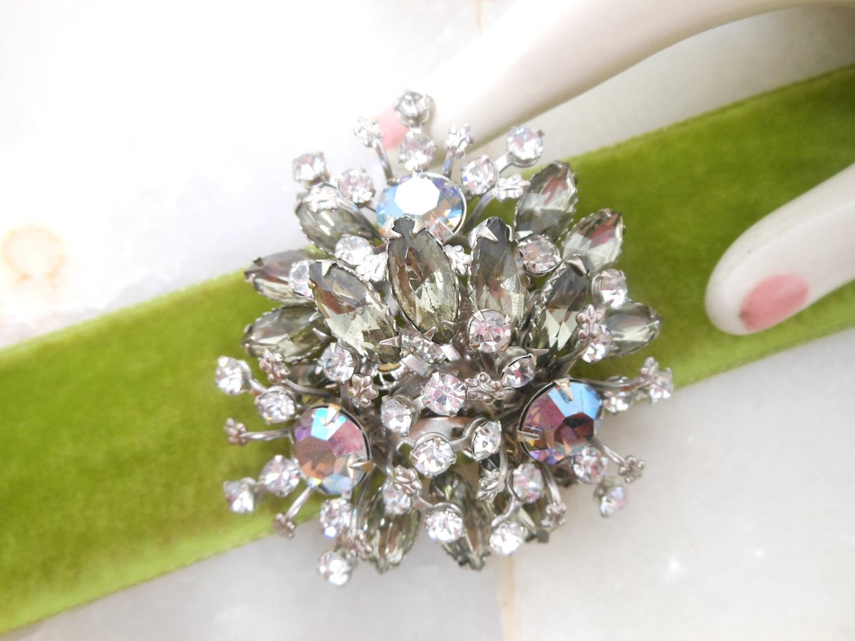 Vintage Jumbo Rhinestone Brooch Cluster Flower Starburst Pin Snowflake Gray Clear Ice AB Mid Century Jewelry Gift, VivianJoel.com