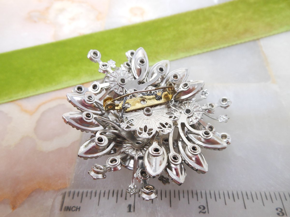 Vintage Jumbo Rhinestone Brooch Cluster Flower Starburst Pin Snowflake Gray Clear Ice AB Mid Century Jewelry Gift, VivianJoel.com