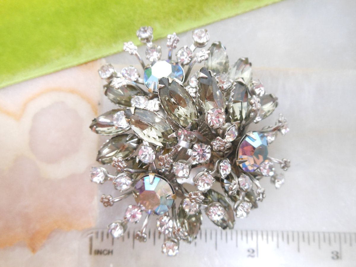 Vintage Jumbo Rhinestone Brooch Cluster Flower Starburst Pin Snowflake Gray Clear Ice AB Mid Century Jewelry Gift, VivianJoel.com