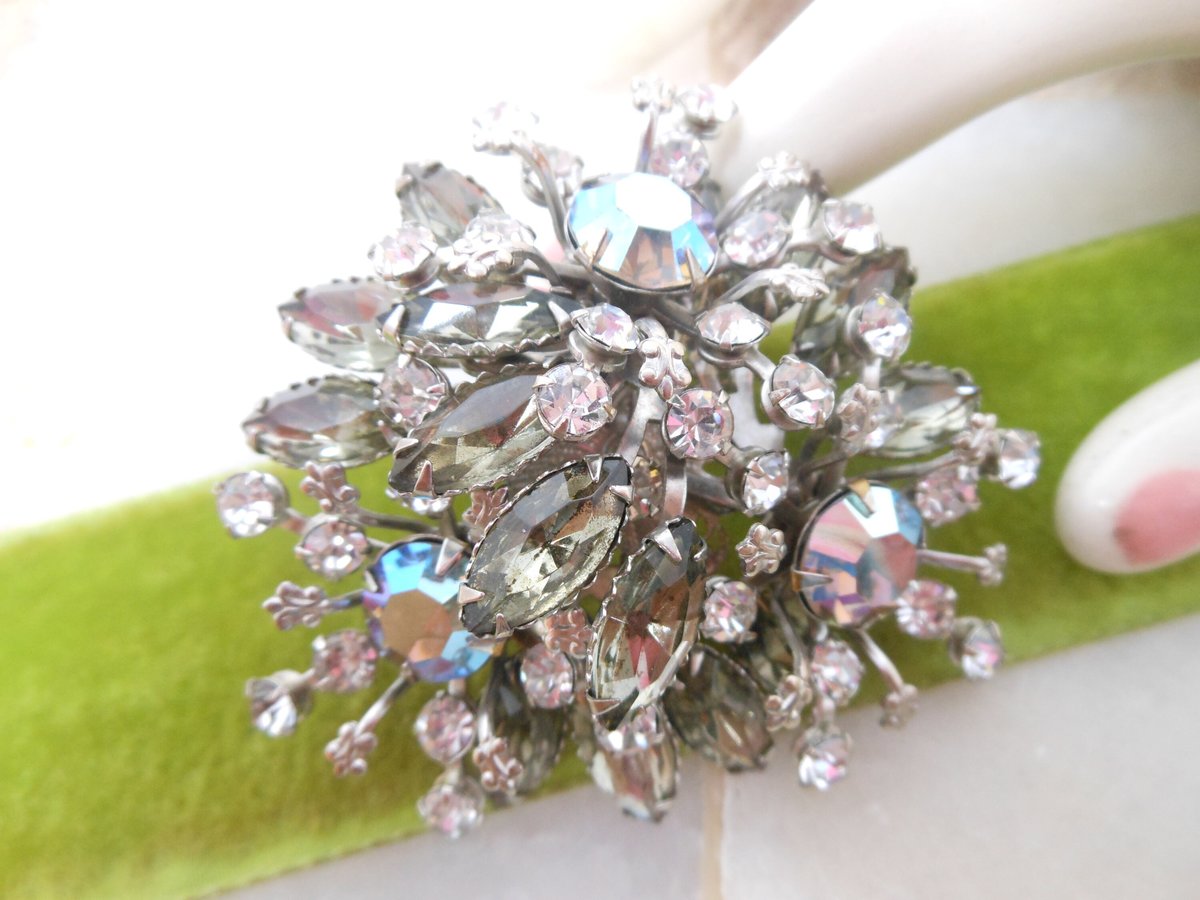 Vintage Jumbo Rhinestone Brooch Cluster Flower Starburst Pin Snowflake Gray Clear Ice AB Mid Century Jewelry Gift, VivianJoel.com