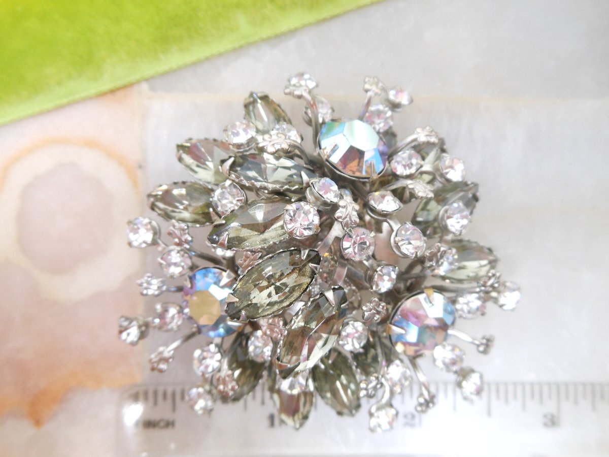 Vintage Jumbo Rhinestone Brooch Cluster Flower Starburst Pin Snowflake Gray Clear Ice AB Mid Century Jewelry Gift, VivianJoel.com