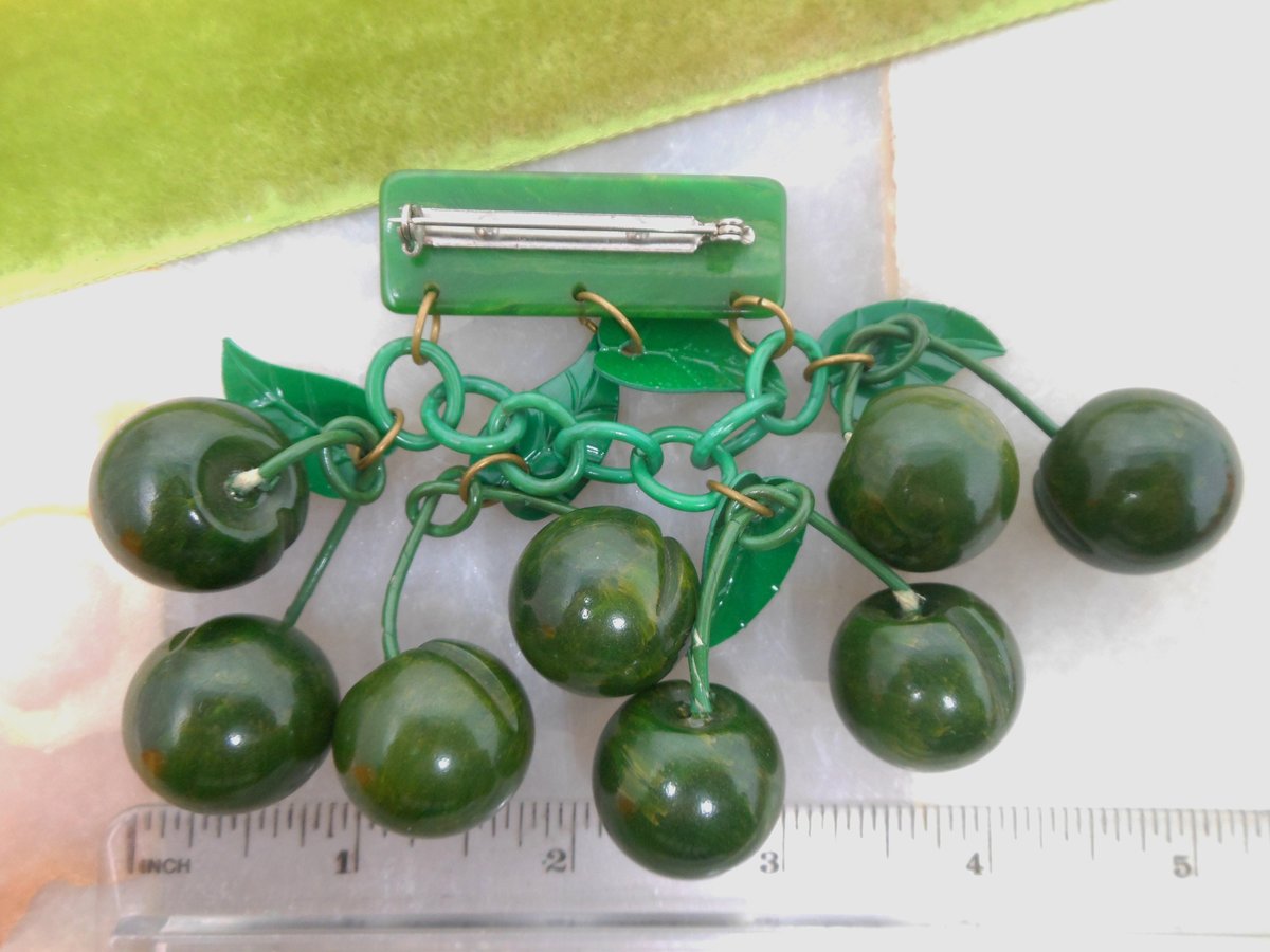 Vintage BAKELITE Dangle Brooch Spinach Green Apple Cherries Carved Fruit Art Deco Rockabilly Jewelry Gift Mid Century, VivianJoel.com