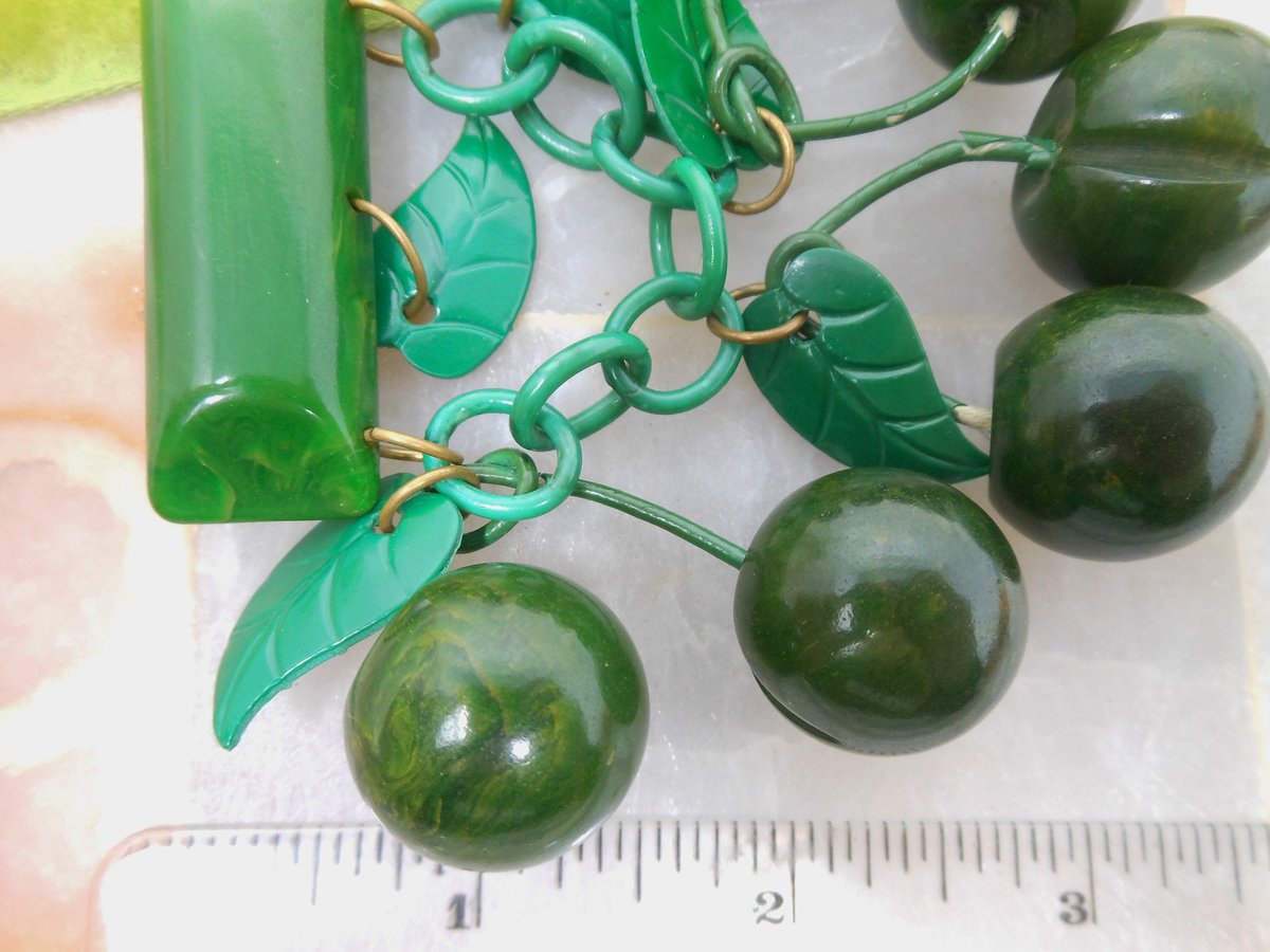 Vintage BAKELITE Dangle Brooch Spinach Green Apple Cherries Carved Fruit Art Deco Rockabilly Jewelry Gift Mid Century, VivianJoel.com