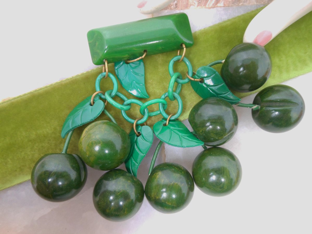 Vintage BAKELITE Dangle Brooch Spinach Green Apple Cherries Carved Fruit Art Deco Rockabilly Jewelry Gift Mid Century, VivianJoel.com