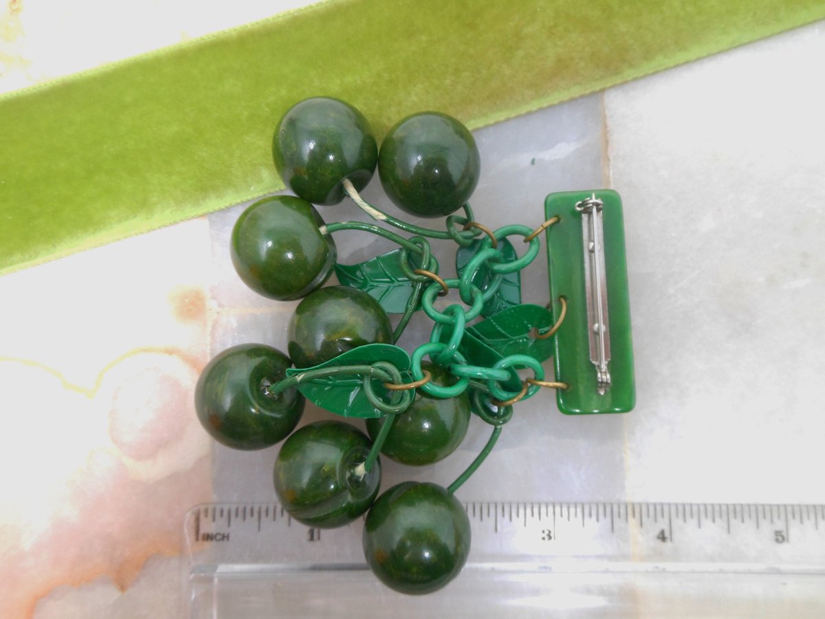 Vintage BAKELITE Dangle Brooch Spinach Green Apple Cherries Carved Fruit Art Deco Rockabilly Jewelry Gift Mid Century, VivianJoel.com