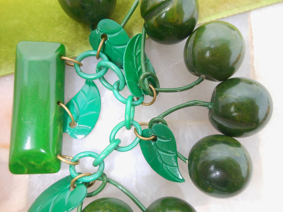 Vintage BAKELITE Dangle Brooch Spinach Green Apple Cherries Carved Fruit Art Deco Rockabilly Jewelry Gift Mid Century, VivianJoel.com