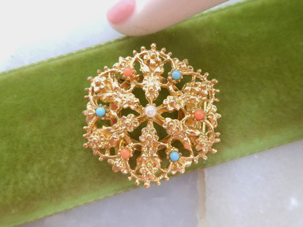 Vintage Ornate Medallion Pin Etruscan Scarf Clip Brooch Victorian Revival Jewelry Gift Mid Century, VivianJoel.com