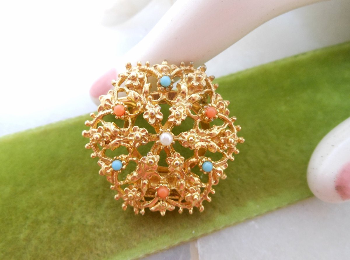 Vintage Ornate Medallion Pin Etruscan Scarf Clip Brooch Victorian Revival Jewelry Gift Mid Century, VivianJoel.com