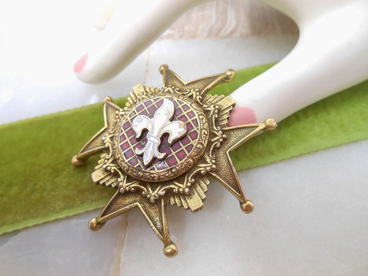 Vintage Maltese Cross Brooch Heraldic Shield Pin Pendant Enamel Fleur De Lis Revival Coat of Arms Mid Century Jewelry, VivianJoel.com