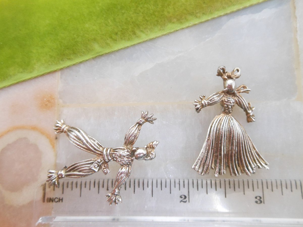 Vintage STERLING SILVER Rag Doll Pair Brooch Set Nennete Rintintin WW1 Pin Good Luck Talisman Figural Mid Century Jewelry, VivianJoel.com