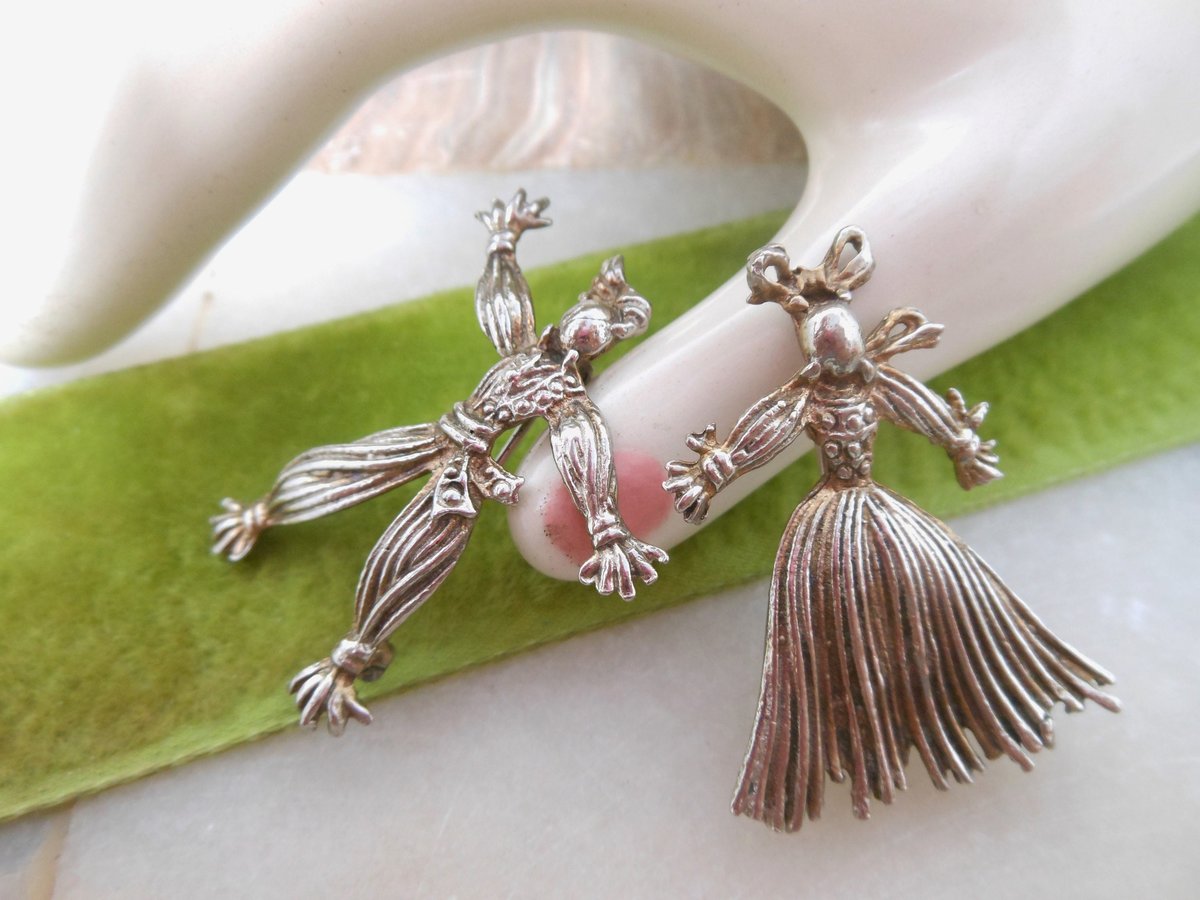 Vintage STERLING SILVER Rag Doll Pair Brooch Set Nennete Rintintin WW1 Pin Good Luck Talisman Figural Mid Century Jewelry, VivianJoel.com