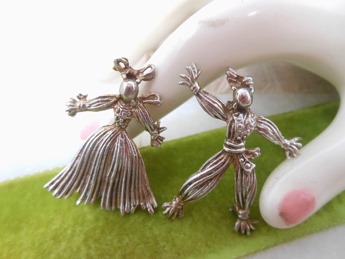 Vintage STERLING SILVER Rag Doll Pair Brooch Set Nennete Rintintin WW1 Pin Good Luck Talisman Figural Mid Century Jewelry, VivianJoel.com