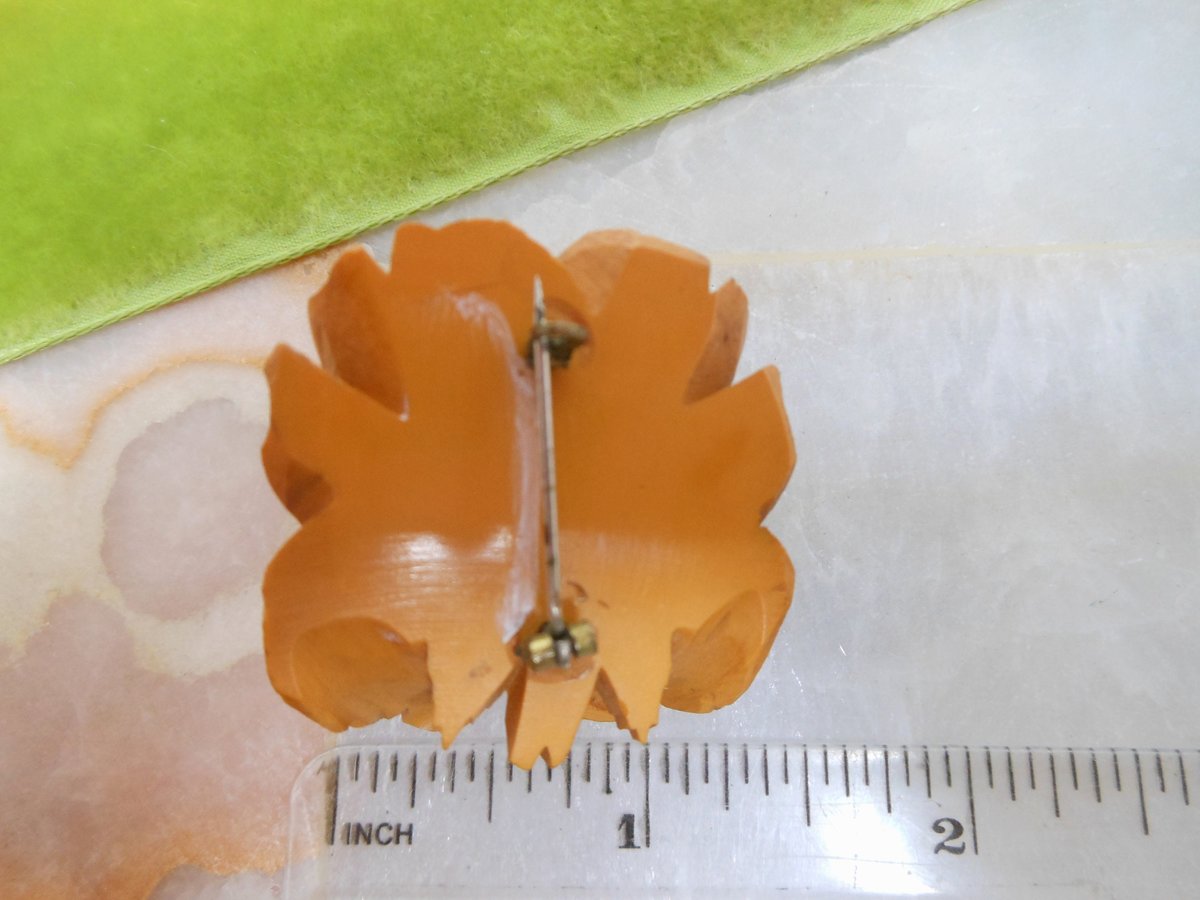 Vintage BAKELITE Rose Brooch Flower Deep Carved Pin Art Deco Butterscotch Jewelry Mid Century Gift, VivianJoel.com