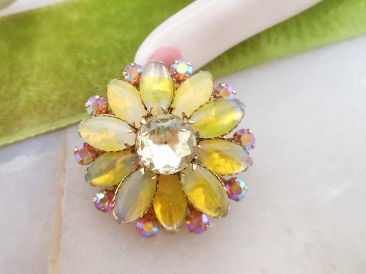 Vintage Sabrina Glass Brooch Yellow Flower Pin Rhinestone Pink Aurora Borealis Givre Starburst Jewelry Gift Mid Century, VivianJoel.com