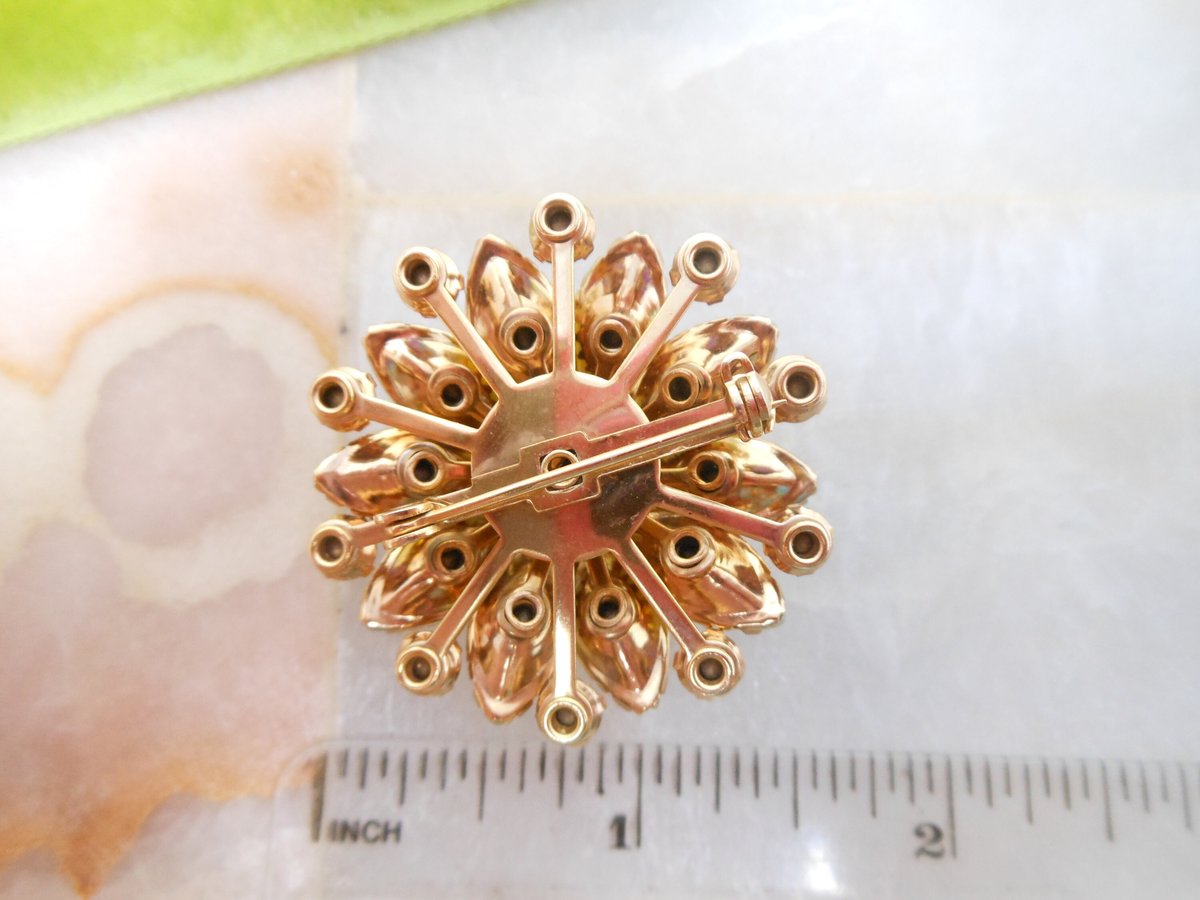 Vintage Sabrina Glass Brooch Yellow Flower Pin Rhinestone Pink Aurora Borealis Givre Starburst Jewelry Gift Mid Century, VivianJoel.com