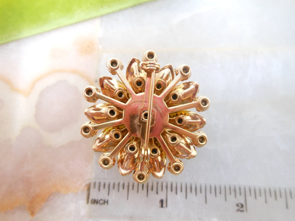 Vintage Sabrina Glass Brooch Yellow Flower Pin Rhinestone Pink Aurora Borealis Givre Starburst Jewelry Gift Mid Century, VivianJoel.com