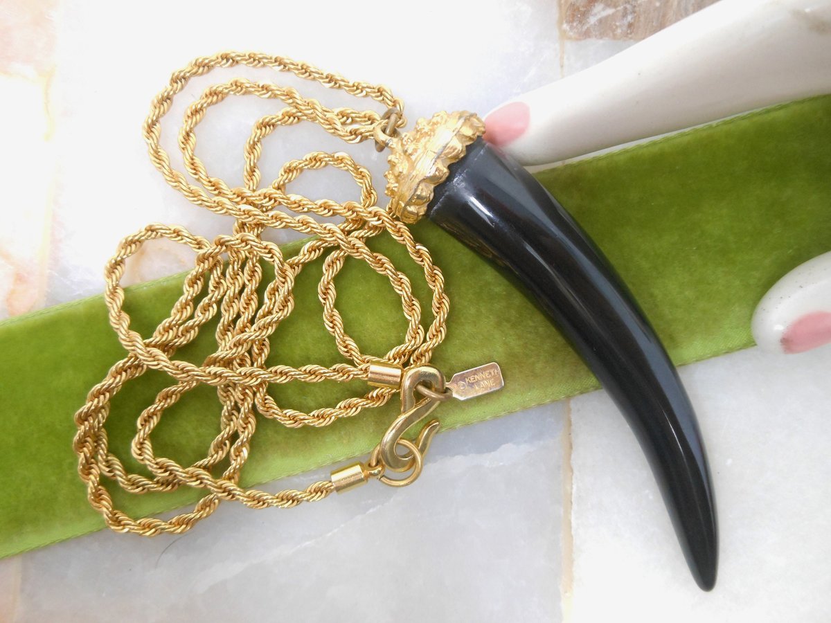 Vintage KJL Black Horn KENNETH Jay LANE Lucite Pendant Necklace Chain Designer Runway Jewelry Gift, VivianJoel.com