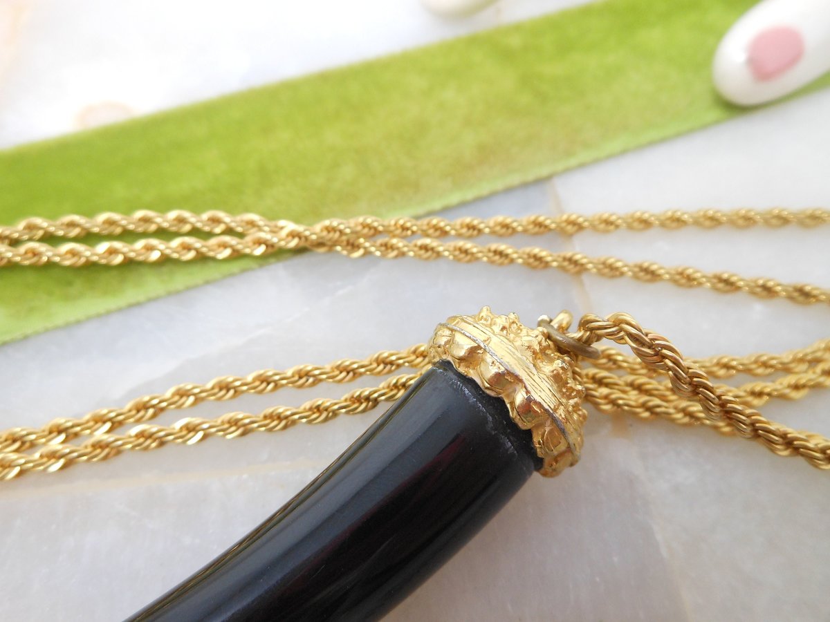 Vintage KJL Black Horn KENNETH Jay LANE Lucite Pendant Necklace Chain Designer Runway Jewelry Gift, VivianJoel.com