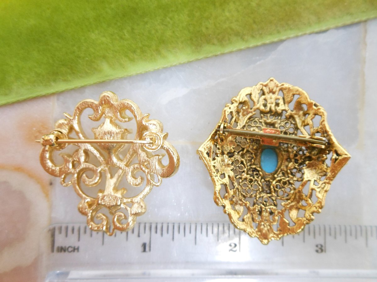Vintage LOT 2 Ornate Brooch  Pearl Blue Pin Regency Renaissance Victorian Revival Jewelry Gift Mid Century, VivianJoel.com