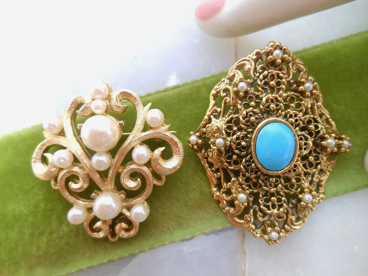 Vintage LOT 2 Ornate Brooch  Pearl Blue Pin Regency Renaissance Victorian Revival Jewelry Gift Mid Century, VivianJoel.com
