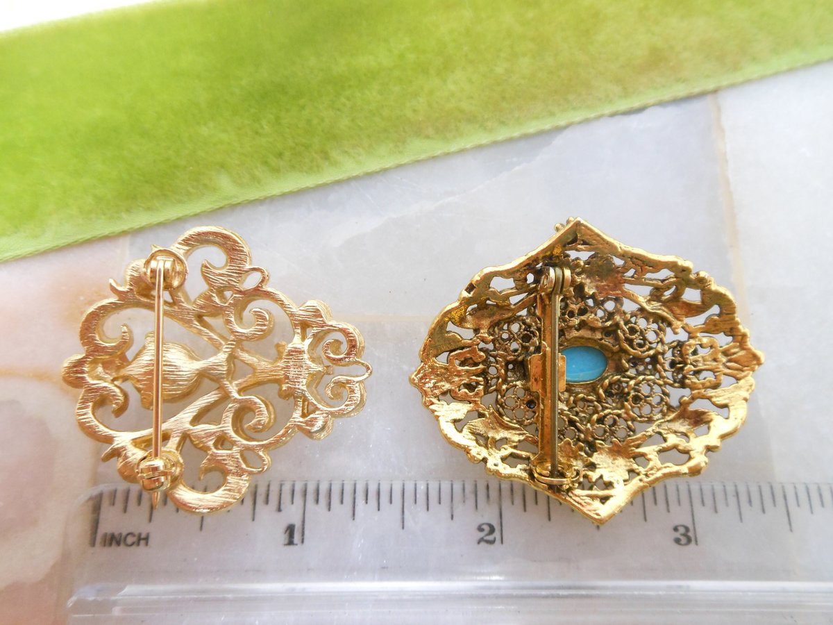 Vintage LOT 2 Ornate Brooch  Pearl Blue Pin Regency Renaissance Victorian Revival Jewelry Gift Mid Century, VivianJoel.com