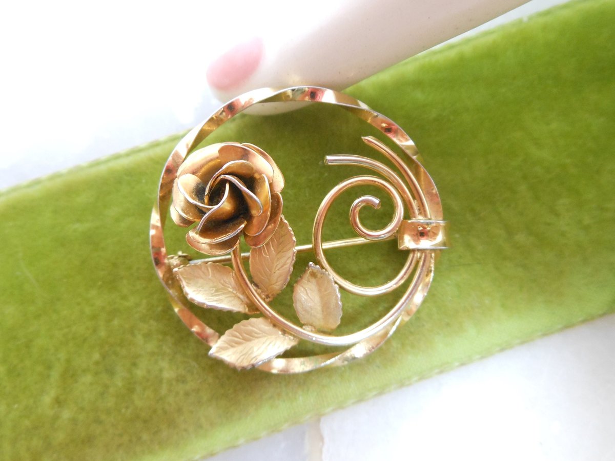 Vintage Gold Fill Rose Brooch GF Petite Pin Flower Wreath Designer Two Tone Minimalist Mid Century Gift, VivianJoel.com