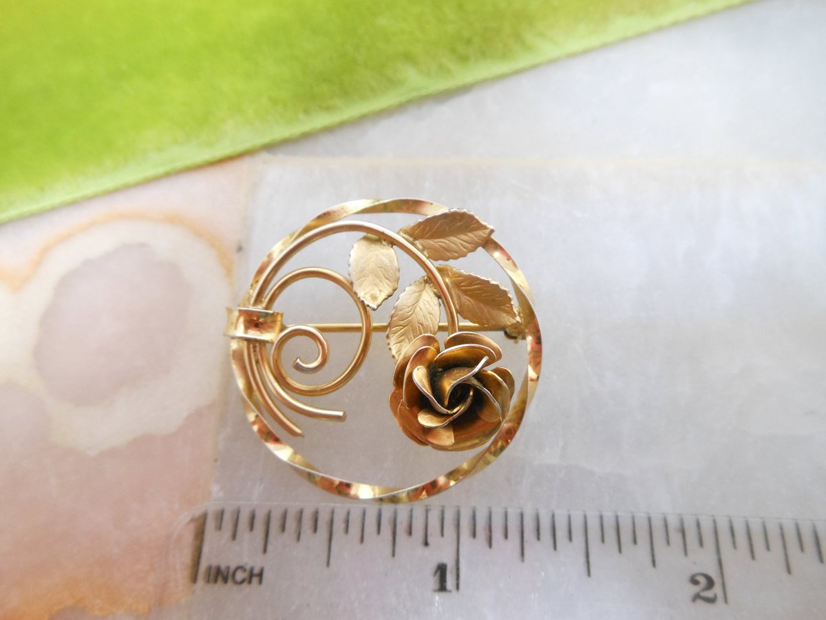 Vintage Gold Fill Rose Brooch GF Petite Pin Flower Wreath Designer Two Tone Minimalist Mid Century Gift, VivianJoel.com
