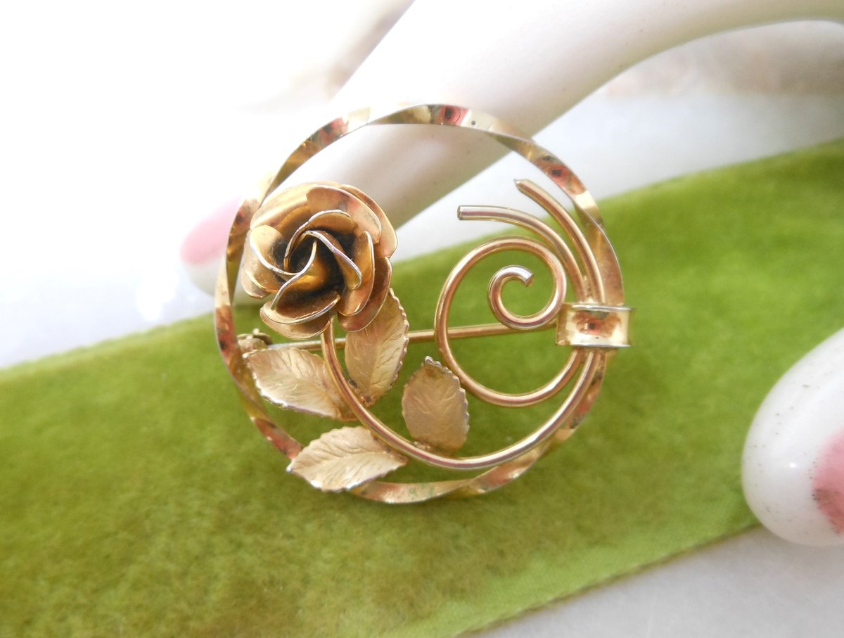 Vintage Gold Fill Rose Brooch GF Petite Pin Flower Wreath Designer Two Tone Minimalist Mid Century Gift, VivianJoel.com