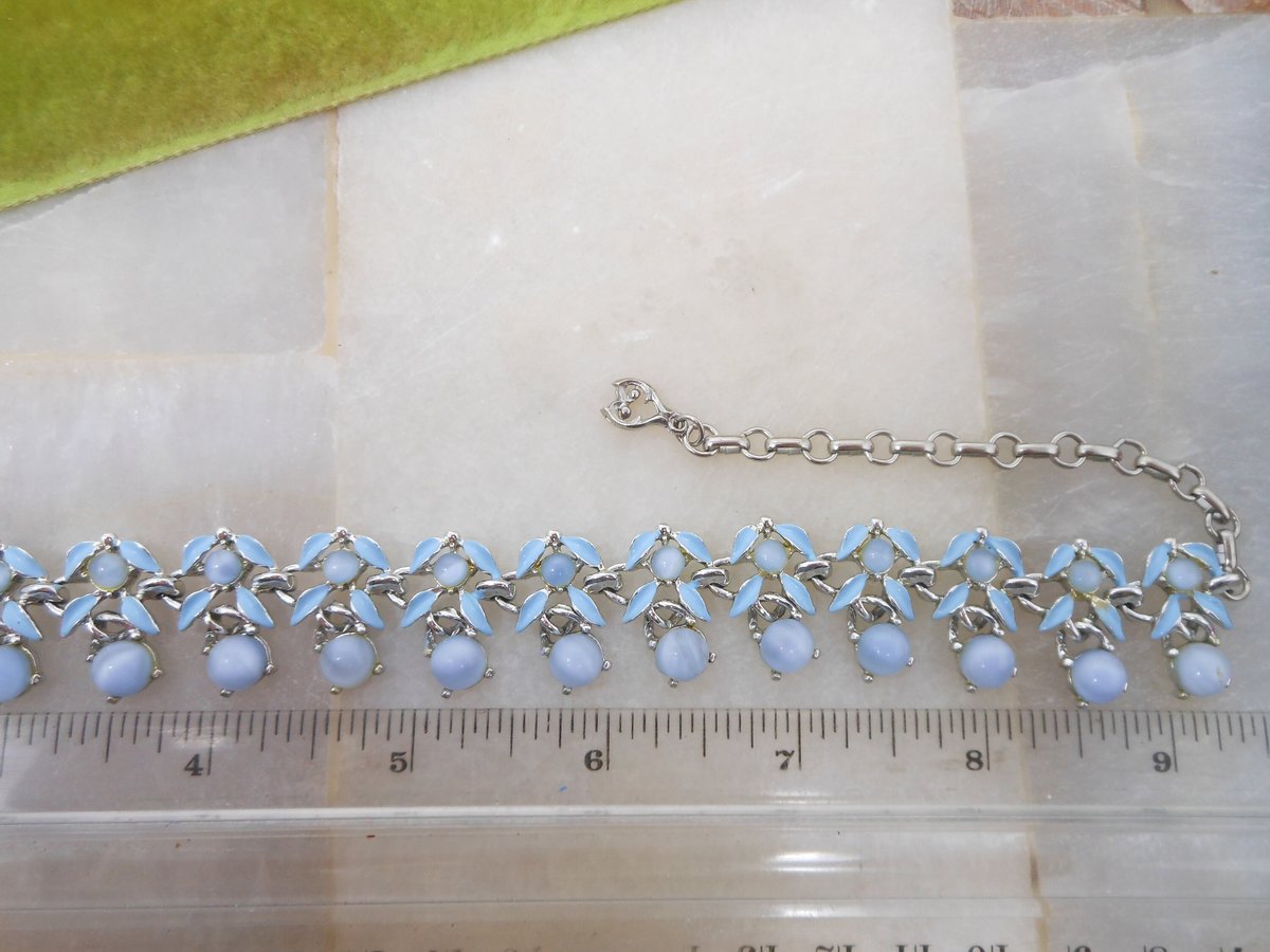 Vintage Blue Necklace Art Glass Enamel Collar Fringe Dangle Pin Up Retro Mod Mid Century Jewelry Gift, VivianJoel.com