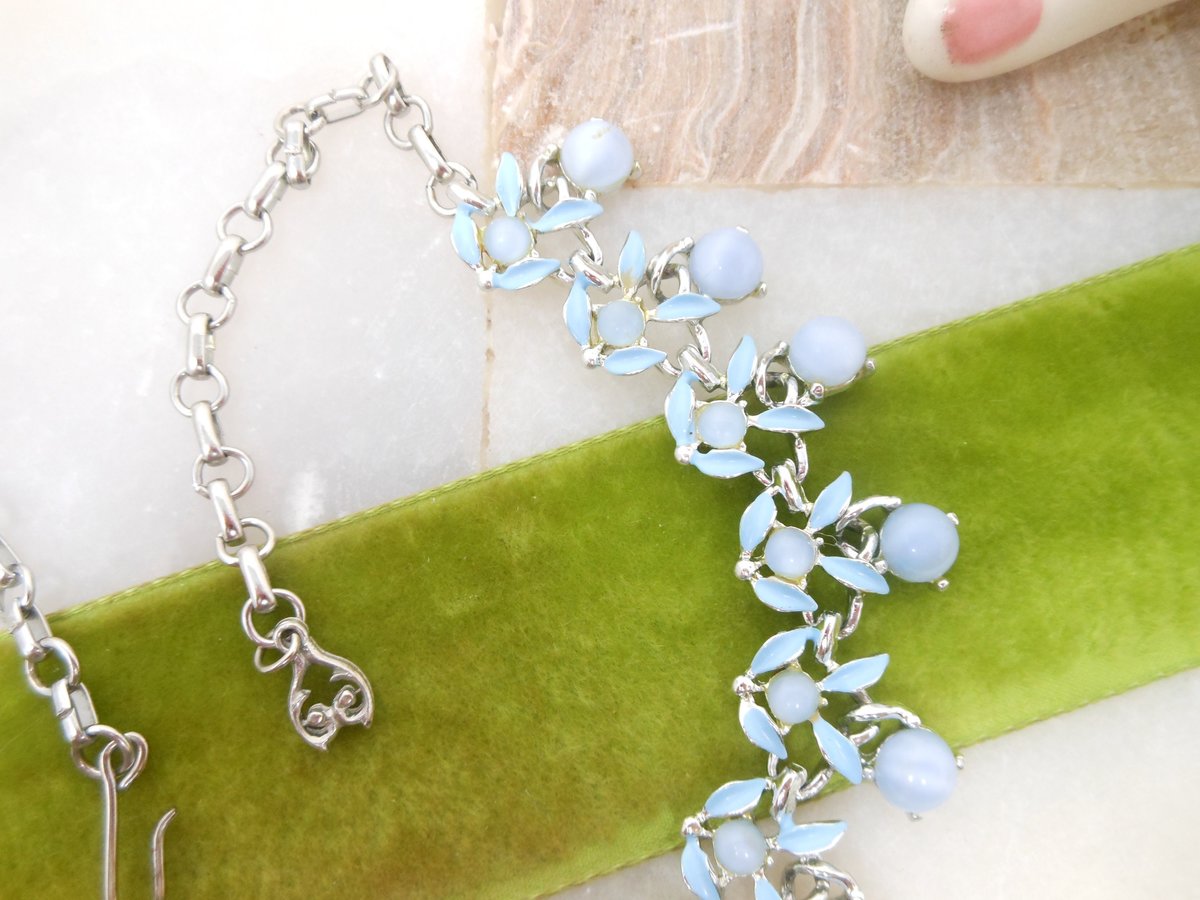 Vintage Blue Necklace Art Glass Enamel Collar Fringe Dangle Pin Up Retro Mod Mid Century Jewelry Gift, VivianJoel.com