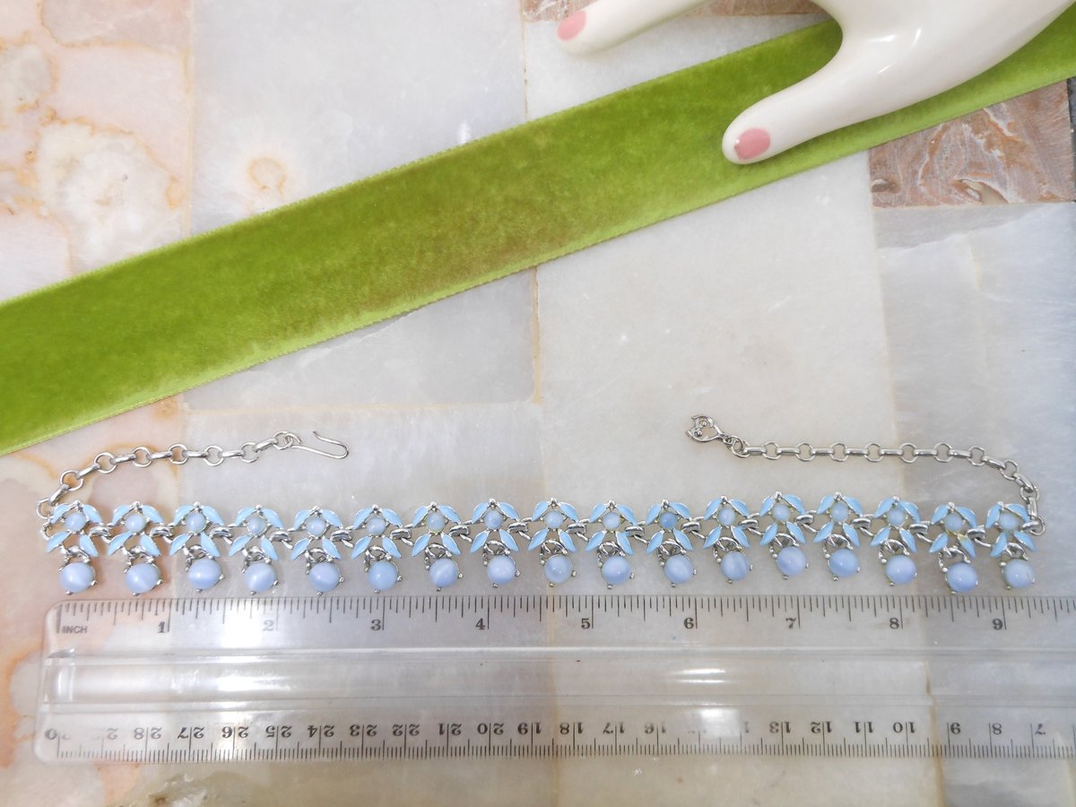 Vintage Blue Necklace Art Glass Enamel Collar Fringe Dangle Pin Up Retro Mod Mid Century Jewelry Gift, VivianJoel.com